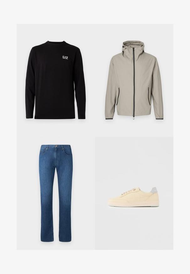 Chaqueta impermeable ligera de color beige con acabado texturizado, capucha ajustable, cremallera frontal y dos bolsillos laterales con detalles en negro.; Camisa negra de manga larga hecha de tela suave. Presenta un pequeño logo blanco en la parte superior izquierda del pecho. Cuello redondo sencillo y corte recto.; Vaqueros de mezclilla de color azul oscuro con un diseño de pierna recta, cinco bolsillos y cierre de botón en la parte frontal. Textura suave y detalles de costura clásicos.; Zapatilla deportiva beige de corte bajo con cierre de cordones en la parte delantera, suela rosa claro y lengüeta trasera gris con la marca "Filling Pieces", mostrada de perfil sobre un fondo liso.