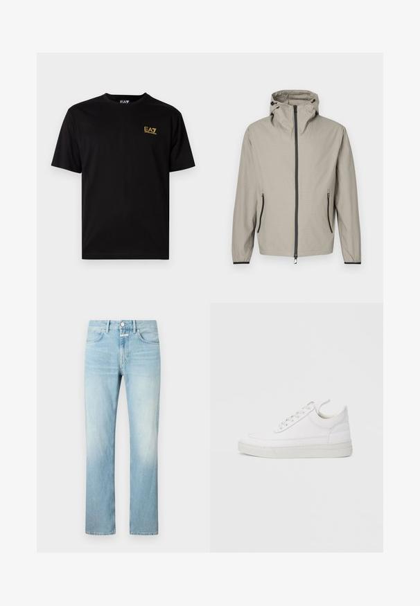 Lichtgewicht, beige regenjas met een gestructureerde afwerking, verstelbare capuchon, ritssluiting aan de voorkant en twee zijzakken met zwarte accenten.; Zwarte katoenen t-shirt met korte mouwen, met een klein geel geborduurd logo op de linker borst. Klassiek crewneck ontwerp.; Lichtblauwe denim jeans met een rechte pijp, voorzien van een klassiek vijf-pocket ontwerp en een knopenfly sluiting.; Witte leren sneaker met een afgeronde neus, platte zool en veters aan de voorkant. Voorzien van stikseldetails en een gevoerde kraag voor comfort.