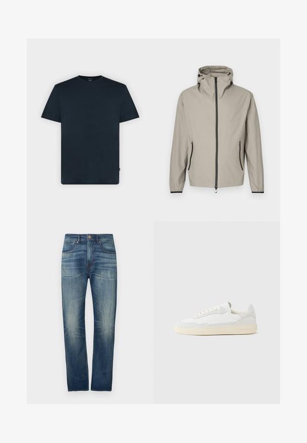 Let regnjakke i beige med tekstureret finish, justerbar hætte, frontlynlås og to sidelommer med sorte detaljer.; Mørk marineblå T-shirt med korte ærmer og rund halsudskæring med subtilt præget logo på brystet og lille sidelabel på en ensartet lys baggrund.; Mørkeblå denimjeans med straight ben, der har let falmet effekt, fem lommer og en knaplukning ved taljen.; Hvid sneakers med en øvre del i tekstureret ruskind og læder. Har rundet tå, snørelukning og kontrasterende beige gummisål.
