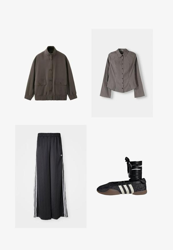 Braune Jacke zum Knöpfen mit hohem Kragen, elastischen Bündchen und Saum sowie zwei großen vorderen Pattentaschen mit Knöpfen.; Gestreiftes Hemd in Braun und Weiß, mit langen Ärmeln, spitzem Kragen und abgerundetem Saum. Strukturierter Stoff mit vertikalen Streifen.; Schwarzfarbene, weit geschnittene Hosen mit vertikalen weißen Streifen, elastischem Bund und drei weißen Streifen an der Seite. Adidas-Logo auf der Vorderseite.; Schwarzer Ballettschuh mit Blumenmuster, weißem Drei-Streifen-Design und einem Stoffband zum Wickeln um den Knöchel. Strukturiertes Material und eine flexible braune Sohle.