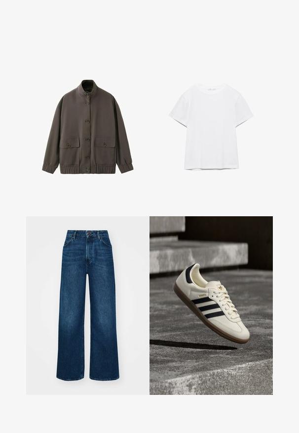 Bruine jas met knopen, hoge kraag, elastische manchetten en zoom, en twee grote voorzakken met kleppen en knopen.; Effen wit T-shirt met korte mouwen en ronde hals, met een rechte zoom, gepresenteerd tegen een witte achtergrond.; Hoge taille, wijde jeans in donkerblauwe denim met een gladde textuur, contraststiksels en een vijf-pocket ontwerp. Sluiting met een knoop aan de voorkant.; Witte Adidas Samba sneaker met zwarte strepen en gumzool, zwevend boven gestructureerde grijze betonnen treden.