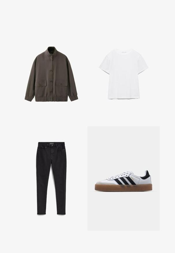 Bruine jas met knopen, hoge kraag, elastische manchetten en zoom, en twee grote voorzakken met kleppen en knopen.; Effen wit T-shirt met korte mouwen en ronde hals, met een rechte zoom, gepresenteerd tegen een witte achtergrond.; Zwarte skinny jeans gemaakt van denim; vijf-pocket ontwerp met een rits en knoopsluiting. Heeft een subtiele textuur en een schone, minimalistische stitching.; Witte leren sneakers met zwarte strepen, gumrubberen buitenzool, ronde neus, vetersluiting en een zachte grijze suède neuskap.