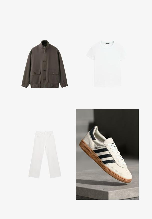 Bruine jas met knopen, hoge kraag, elastische manchetten en zoom, en twee grote voorzakken met kleppen en knopen.; Effen wit t-shirt met korte mouwen en ronde hals, plat gelegd op een witte achtergrond.; Witte denim wijde broek met een klassiek vijf-pocket ontwerp, metalen hardware en contrasterende stiksels. Soepele textuur en een relaxte pasvorm.; Witte suède sneakers met marineblauwe strepen, rubberen gumzool, gestructureerde bovenkant, ronde neus en veters; heeft branding aan de zijkant en op de tong.
