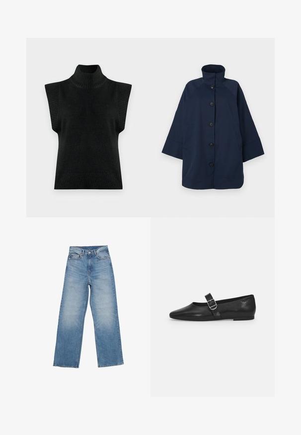 Mørkeblå vandtæt frakke med høj krave, fuld knaplukning foran, to sidelommer og korte, brede ærmer. Glat, mat tekstur.; Sort strikket ærmeløs turtleneck sweater vest med ribbet krave, armåbninger og søm på en ensfarvet baggrund.; Lyseblå denimjeans har en lige ben design, fem lomme stil og en knaplukning. Stoffet har en falmet tekstur.; Sorte læder flade sko med rund tå, et enkelt justerbart spænde og en glat, blank overflade. Minimalistisk design med en lav hæl.