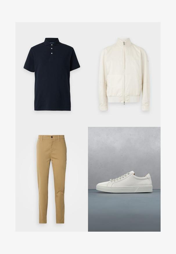 Helle Creme Bomberjacke mit hohem Kragen, Reißverschluss, zwei seitlichen Taschen und einem dezenten Texturmuster. Rippbündchen und Saum.; Marineblaue kurzärmlige Polo-Shirt mit Kragen und drei weißen Knöpfen auf der Knopfleiste, vor einem einfarbigen Hintergrund präsentiert.; Khakihosen aus Baumwolle. Slim-Fit-Design mit glatter Textur, Fronttaschen und einem einzigen Knopfverschluss an der Taille.; Weißes Leder-Sneaker mit abgerundetem Zehenbereich, minimalistisches Design, graue Schnürsenkel und einer strukturierten grauen Gummisohle. Dezente Nähte sichtbar.