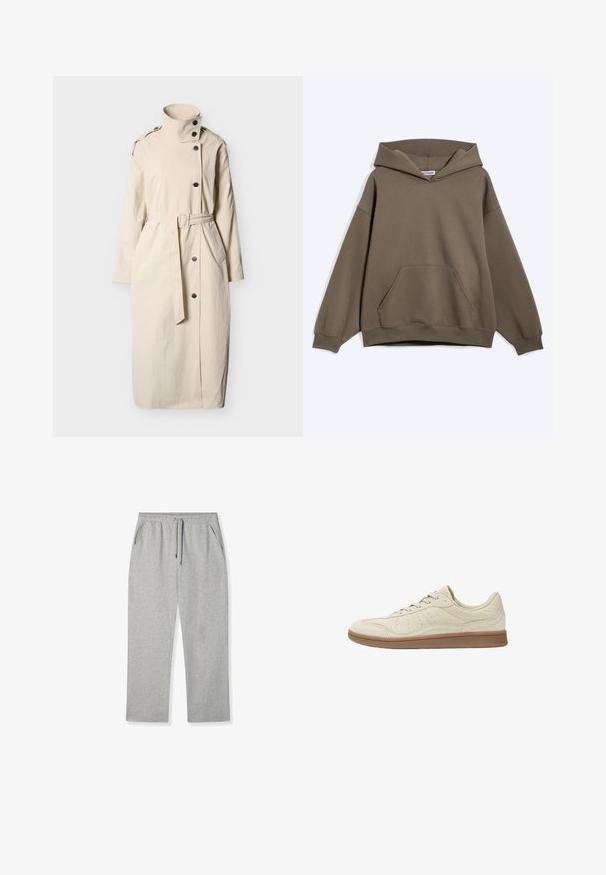 Long manteau beige trench avec col montant, fermeture à boutons, taille ceinturée, pattes d'épaule et poches avant.; Sweat à capuche marron oversize avec poche kangourou à l'avant et poignets côtelés, présenté sur un fond clair uni.; Pantalons de jogging gris clair en tissu doux, dotés d'une taille élastique avec un cordon de serrage et de deux poches latérales.; Baskets beige clair en daim avec une texture lisse ; elles possèdent une semelle en gomme, des lacets ronds et de subtiles perforations sur les côtés.