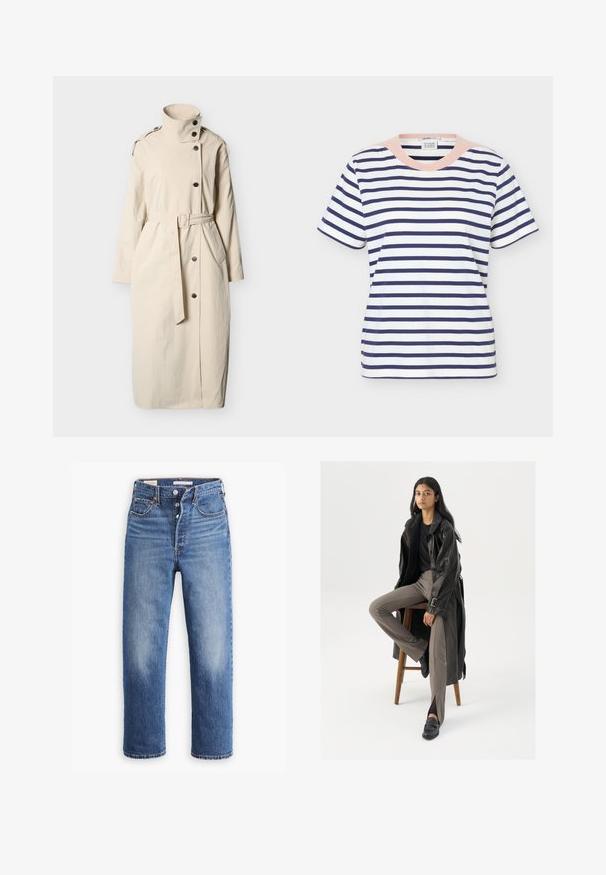Lange beige trenchcoat met hoge kraag, knoopsluiting, ceintuur in de taille, schouderbanden en voorkanten met zakken.; Katoenen T-shirt met korte mouwen, marineblauwe horizontale strepen en een lichtroze ronde hals, voorkant op een effen achtergrond.; Blauwe denim jeans met een hoge taille, rechte pijpen en vervaagde delen. Voorzien van voorzakken en metalen details.; Zwarte leren trenchcoat met knopen en riemdetails, gecombineerd met lichtbruine getailleerde broek en zwarte loafers, zittend op een houten kruk.