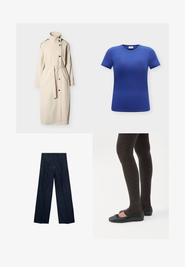 Lange beige trenchcoat met hoge kraag, knoopsluiting, ceintuur in de taille, schouderbanden en voorkanten met zakken.; Effen blauwe T-shirt met korte mouwen en ronde hals, van voren afgebeeld op een witte achtergrond met een zichtbaar merkembleem binnenin de kraag.; Marineblauwe wijde jeans met een hoge taille, plooien en een traditionele vijf-pocketdesign, gemaakt van denim stof met subtiele stiksels.; Benen met donkere geribbelde leggings gecombineerd met zwarte ballerina's met kleine strikdetails op een witte achtergrond.
