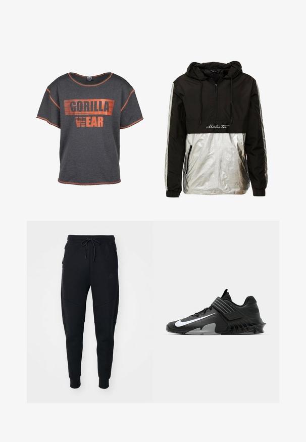 Zwarte pulloverjack met een zilverreflecterende ondersectie, rits aan de voorkant, verstelbare capuchon en elastische manchetten. Bevat het "Mister Tee" logo.; Grijze T-shirt met korte mouwen met opvallende oranje tekst "GORILLA WEAR". Versleten zoom en oranje stiksel. Comfortabele pasvorm.; Zwarte joggers van zacht materiaal, met een trekkoord in de taille, taps toegestopte pijpen en zijzakken met een strakke uitstraling.; Zwarte sportchoenen met een slank ontwerp, voorzien van een opvallend wit Nike-logo, textuur overlays en een onderscheidende gemodelleerde zool.