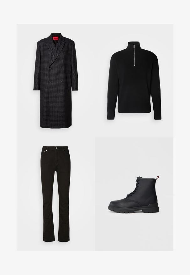 Mørkegrå hundetand dobbeltbrystet frakke med sorte knapper og slå-om krave, hængende mod en hvid baggrund.; Lindbergh HALF ZIP RIB KNIT - Striktrøje - black; Sorte denimjeans med lige ben-design, der har frontlommer, lynlåsgylpter og sølvfarvede hardware-detaljer. Glat tekstur, ingen mønstre.; Sort læder ankelstøvle med snørebånd foran, tykk gummisål og rød løftestrop ved hælen, vist mod en ensfarvet lys baggrund.