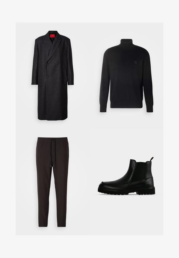Manteau croisé en pied-de-poule gris foncé avec des boutons noirs et des revers crantés, suspendu sur un fond blanc.; Pull à col roulé noir avec manches longues, col et poignets côtelés, fabriqué dans un tissu lisse. Présente une petite patch logo sur la poitrine.; Pantalon de jogging noir en tissu doux, avec une taille élastique et un cordon de serrage, des jambes fuselées et sans motifs ni embellissements visibles.; Bottine noire en cuir avec semelle texturée, panneaux latéraux élastiques et languette de tirage sur fond gris clair.