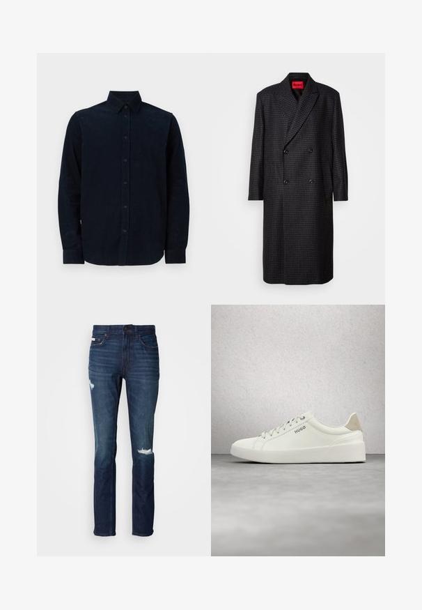 Manteau croisé en pied-de-poule gris foncé avec des boutons noirs et des revers crantés, suspendu sur un fond blanc.; Chemise à manches longues bleu marine en tissu texturé, avec un devant boutonné, un col pointu et des poignets boutonnés.; Jean en denim bleu foncé avec une coupe slim, présentant deux patchs usés à l'avant, des coutures robustes et un design classique à cinq poches.; Baskets blanches basses avec lacets et languette de talon beige, marquées "HUGO", flottant au-dessus d'un sol en béton poli près d'un mur en blocs de verre.