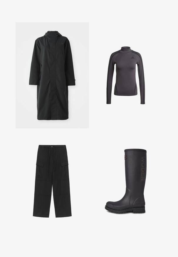 Sort regnjakke lavet af vandafvisende materiale, med højt krave, lange ærmer, minimalistisk design og sidelommer.; Grå langærmet top med høj krave, der har tekstureret stof og sorte accentstriber på skuldrene, med et Adidas-logo på brystet.; Sorte cargobukser med brede ben, elastisk talje, knap- og snørelukning samt klaplommer på hver lår.; Høj sort gummistøvle med struktureret overflade, WODEN-logo på siden, og en forstærket sål med spraglete accenter.