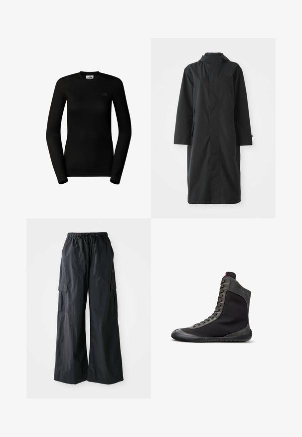 Abrigo negro hecho de un material resistente al agua, con un cuello alto, mangas largas, un diseño minimalista y bolsillos laterales.; The North Face W EASY L/S CREW NECK - Camiseta de manga larga - tnf black; Pantalones cargo negros hechos de una tela ligera, con un diseño de pierna ancha, cinturilla elástica y múltiples bolsillos laterales. Sencillos y funcionales.; Zapatilla bota alta negra con ribete de ante gris, cierre de cordones delantero y suela plana de goma, mostrada en perfil de lado derecho sobre fondo blanco.