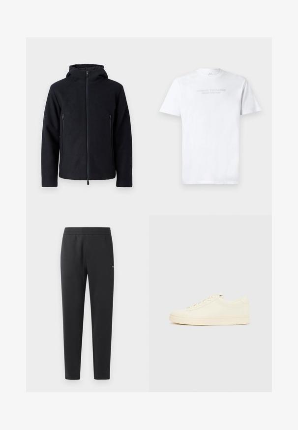 Haut en zip de couleur bleu marine foncé avec un col haut et deux poches avant zippées. Fabriqué en tissu doux et texturé pour la chaleur et le confort.; T-shirt en coton blanc avec col rond, manches courtes et logo en relief "ARMANI EXCHANGE MILANO/NEW YORK" sur le devant.; Pantalons de jogging noirs en tissu doux, dotés d'une taille élastique, de jambes droites et d'un petit logo sur le côté.; Baskets couleur crème avec une tige en cuir lisse, bout arrondi, laçage à l'avant et semelle en caoutchouc texturée. Design minimaliste, sans logo.