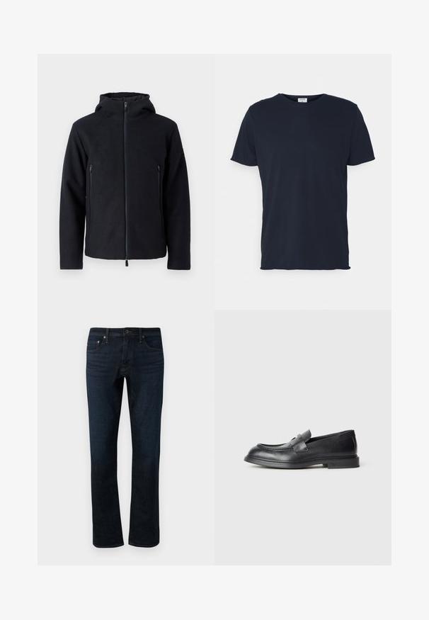 Donker marineblauwe zip-up hoodie met een hoge kraag en twee voorzakken met rits. Gemaakt van zachte, gestructureerde stof voor warmte en comfort.; Navyblauwe katoenen t-shirt met ronde hals en korte mouwen, met een gladde textuur en eenvoudig ontwerp, zonder zichtbare patronen of accenten.; Donkerblauwe denimjeans met een rechte pijp, voorzien van een klassieke vijfzakkenontwerp en subtiele stiksels.; Zwarte leren loafers met een gestructureerde afwerking, voorzien van een decoratieve voorstrik en een afgeronde neus. Rubberzool voor duurzaamheid.