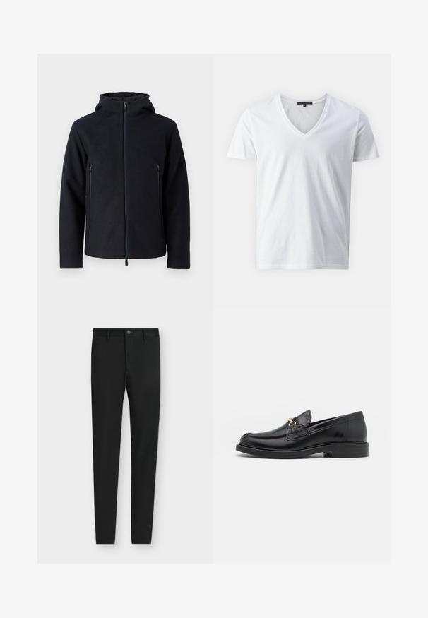 Haut en zip de couleur bleu marine foncé avec un col haut et deux poches avant zippées. Fabriqué en tissu doux et texturé pour la chaleur et le confort.; T-shirt en coton blanc avec un col en V, des manches courtes et une texture lisse. Style simple et dépouillé.; Pantalon noir coupe slim avec passants de ceinture, fermeture boutonnée et poches avant, présenté à plat sur un fond gris clair.; Mocassins en cuir noir avec un embout rond, présentant des accents en métal doré et des détails de couture, montés sur une semelle en caoutchouc texturé et basse.