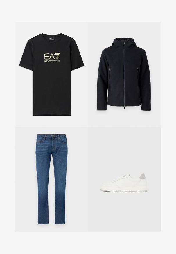 Sudadera con cremallera de un oscuro color azul marino, con un alto cuello y dos bolsillos frontales con cremallera. Fabricada con un suave tejido texturizado que proporciona calidez y comodidad.; Camiseta de algodón negra con un logo dorado de EA7 Emporio Armani en el pecho. Diseño de manga corta y cuello redondo.; Vaqueros de mezclilla azul con corte recto, que cuentan con un diseño clásico de cinco bolsillos y cierre de botones. Sutil desgaste en la textura de la tela.; Zapatilla blanca de corte bajo con pestaña en el talón gris, cordones blancos y suela texturizada, presentada sobre un fondo claro y liso.