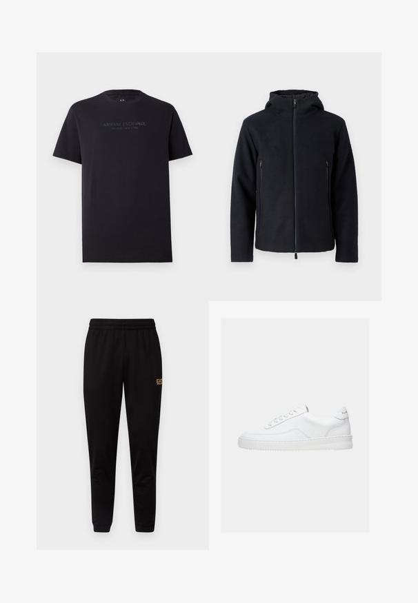 Haut en zip de couleur bleu marine foncé avec un col haut et deux poches avant zippées. Fabriqué en tissu doux et texturé pour la chaleur et le confort.; T-shirt en coton noir à manches courtes, col rond et légèrement ample. Présente le texte "ARMANI EXCHANGE MILANO / NEW YORK" en gris foncé.; Pantalons de survêtement noirs avec une taille élastique, des poignets ajustés et un petit logo jaune sur la cuisse gauche. Texture de tissu douce et lisse.; Baskets basses blanches avec un design à lacets, dessus en cuir lisse et semelle épaisse, montrées de profil sur un fond uni.