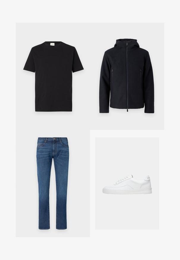 Haut en zip de couleur bleu marine foncé avec un col haut et deux poches avant zippées. Fabriqué en tissu doux et texturé pour la chaleur et le confort.; T-shirt en coton noir avec un col rond et des manches courtes. Présente une coupe droite et un design minimal, avec une étiquette visible au niveau du col.; Jean en denim bleu coupe droite, doté d'un design classique à cinq poches et d'une fermeture à boutons. Décoloration subtile sur la texture du tissu.; Baskets basses blanches avec un design à lacets, dessus en cuir lisse et semelle épaisse, montrées de profil sur un fond uni.