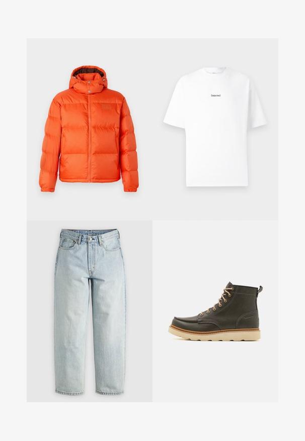 Helle orange Daunenjacke mit einem Reißverschluss vorne, einer abnehmbaren Kapuze und einem gesteppten Design. Besitzt metallische Beschläge und eine glatte Textur.; Weißes Baumwoll-T-Shirt mit kurzen Ärmeln und Rundhalsausschnitt, ausgestattet mit einem kleinen gestickten Logo "Selected" in Schwarz auf der Brust.; Hellblaue Jeans aus Denim mit geradem Bein, fünf Taschen und einem Knopfverschluss; mit verblassten Bereichen und dezenten Nähdetails.; Dunkelgrüne Lederknöchelstiefel mit beigen Schnürsenkeln, gepolsterter Schuhkragen und strukturiertem Gummisohle. Verfügt über wasserdichte Markierungen und Nähdetails.