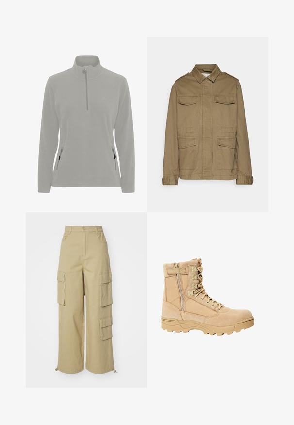 Khaki plátno bunda s golierom, dvoma vreckami na hrudi a dvoma dolnými vreckami. Obsahuje epaulet a gombíkové manžety.; Svetlo šedý fleecový pulover s vysokým golierom, polovičným zipsom, bočnými vreckami so zipsom a hladkou textúrou. Jednoduché logo na hrudi.; Bežové cargo nohavice s širokými nohavicami, dvoma veľkými bočnými vreckami, prednými vreckami a šnúrkou na spodnom okraji. Materiál z bavlnenej zmesi.; Hnedé takticke čižmy s koženým a textilným zvrškom, šnurovaním a zipsom, textúrovanou podrážkou a zosilnenou špičkou pre zvýšenú odolnosť.