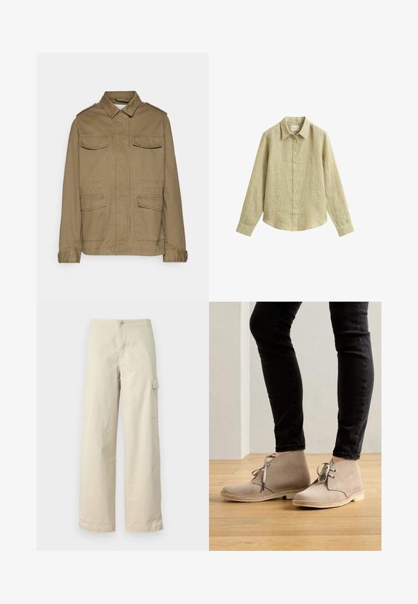 Veste en toile khaki avec un col à revers, deux poches poitrine et deux poches inférieures. Présente des épaulettes et des poignets à boutons.; Chemise en lin beige à manches longues avec col et boutons sur le devant, étalée à plat sur un fond blanc.; Pantalons cargo beiges en coton doux, avec une coupe droite, un bouton à l'avant et une poche latérale avec détail à rabat.; Bottines en daim beige à bout rond, avec un laçage et des coutures contrastantes, portées avec un pantalon noir ajusté sur un sol en bois.