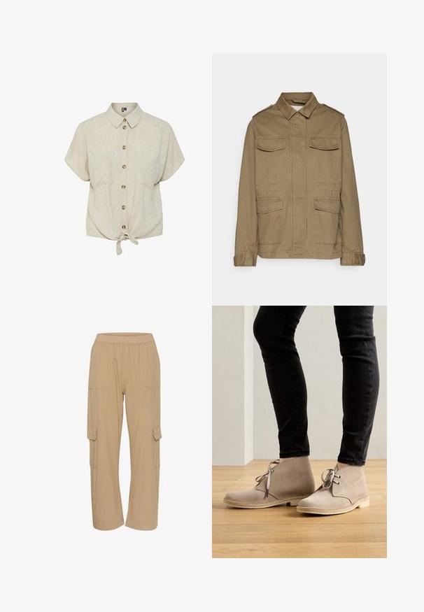 Veste en toile khaki avec un col à revers, deux poches poitrine et deux poches inférieures. Présente des épaulettes et des poignets à boutons.; Chemise à manches courtes couleur beige clair, fabriquée en tissu texturé, avec un devant noué, un ourlet arrondi et des boutons marron.; Pantalons cargo beiges avec une taille élastique, des poches latérales et une coupe décontractée. Fabriqués en tissu léger et texturé.; Bottines en daim beige à bout rond, avec un laçage et des coutures contrastantes, portées avec un pantalon noir ajusté sur un sol en bois.