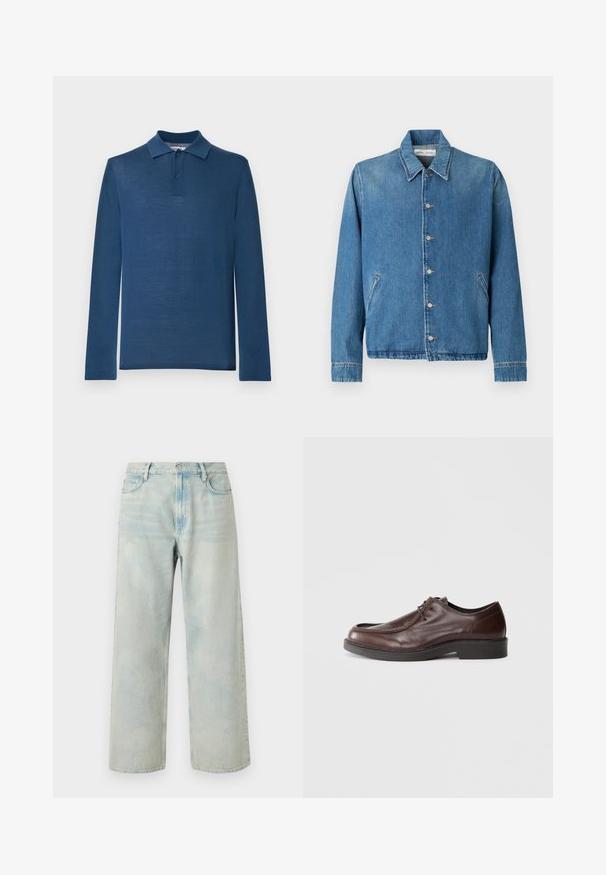 Veste en jean bleu clair, avec un col pointu, des fermetures à boutons, des poches latérales et des manches longues aux bords soigneusement ourlés.; Polo à manches longues bleu marine en tissu doux, avec un col classique, une patte de boutonnage à deux boutons et une texture lisse.; Jean large à taille haute bleu clair avec boutons sur le devant et poches, présenté à plat sur un fond blanc.; Chaussure habillée en cuir marron avec un bout arrondi, des accents de couture minimum, et une semelle noire robuste. Présente un système de laçage et une texture lisse.
