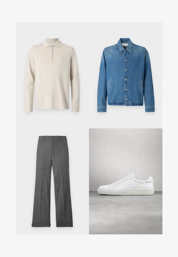 Veste en jean bleu clair, avec un col pointu, des fermetures à boutons, des poches latérales et des manches longues aux bords soigneusement ourlés.; Polo à manches longues de couleur crème avec une fermeture éclair au col, fabriqué en tissu doux et texturé, avec une coupe classique et un design minimaliste.; Pantalon gris à jambes larges en tissu texturé avec un motif subtil, doté d'une fermeture à boutons sur le devant et d'ourlets cousus.; Sneaker blanche avec une tige en cuir lisse et un profil bas. Présente un bout arrondi, six œillets et une semelle en caoutchouc texturé.