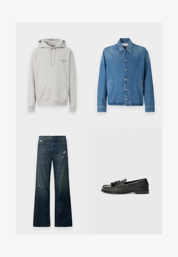 Chaqueta vaquera en azul claro, con cuello puntiagudo, cierre de botones, bolsillos laterales y mangas largas con bordes acabados limpiamente.; Sudadera gris claro hecha de una tela suave, con un bolsillo tipo canguro, capucha con cordón y sutil logo "ALLSAINTS" en el pecho.; Jeans de mezclilla oscura de pierna ancha, con desvanecimientos claros y áreas desgastadas. Cuenta con un cierre de botón y un diseño clásico de cinco bolsillos.; Mocasines de cuero negro con punta redondeada, borlas decorativas y un diseño cosido. Suela plana con una sutil marca en el lateral.