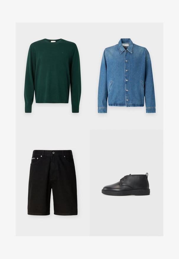 Chaqueta vaquera en azul claro, con cuello puntiagudo, cierre de botones, bolsillos laterales y mangas largas con bordes acabados limpiamente.; Suéter de manga larga en verde oscuro, hecho de una suave tela de punto. Presenta un cuello redondo y un sutil detalle de logo en el pecho.; Pantalones cortos de mezclilla negros de longitud media con cierre de botón y cremallera, presillas para cinturón, bolsillos delanteros y un pequeño logo de Calvin Klein en el bolsillo derecho.; Botas de tobillo de cuero negro con textura suave, punta redondeada y suela de goma negra. Cuentan con un diseño de cordones y un tirador en el talón para facilitar su uso.