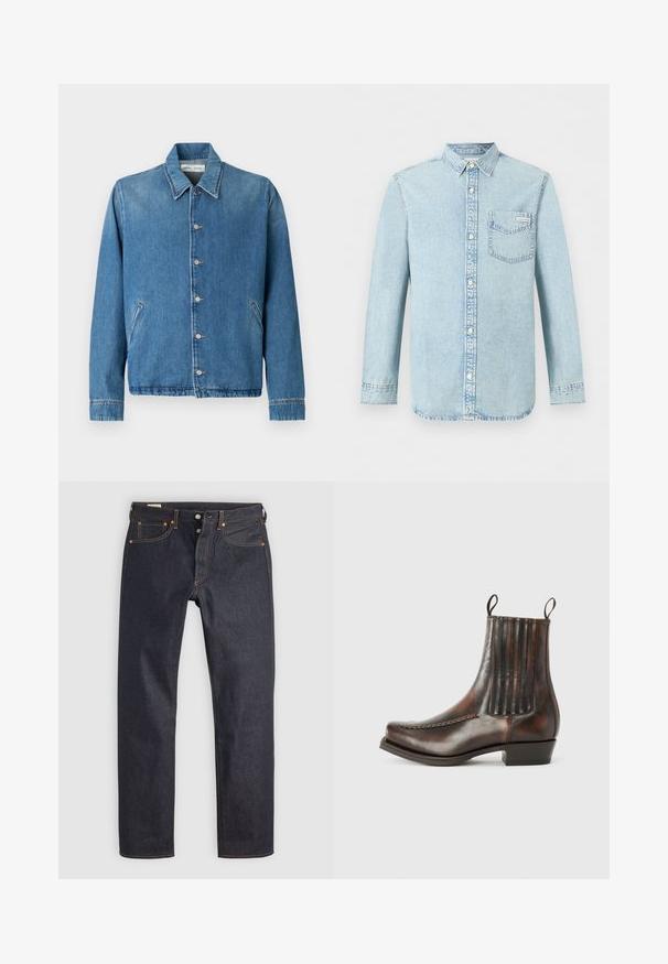 Lyseblå denimjakke med spids krave, knaplukning, sidelommer og lange ærmer med rene, kantede kanter.; Lyseblå denim-skjorte med lange ærmer, knaplukning foran, enkelt brystlomme med Calvin Klein-logo og spids krave.; Mørkeblå denimjeans med lige ben, prydet med orange syninger og klassisk fem-lomme design. Lukning med knap og lynlås.; Brun læder ankelstøvle med en glat overflade, elastiske sidepaneler, en rund tå, dekorativ syning og en lav blokhæl.