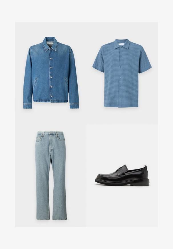 Spijkerjack in lichtblauw, met een puntige kraag, knoopsluitingen, zijzakken en lange mouwen met nette, omgezoomde randen.; Kortekleding met knopen in lichtblauw, textuurstof, voorzien van een rasterpatroon en een klassieke kraag. Zes knoopsluitingen aan de voorkant.; Lichtblauwe denim jeans met een hoge taille, brede rechte pijpen en eenvoudige stiksels. Heeft vijf zakken en een klassieke knoopsluiting.; Calvin Klein MOCCASIN - Zakelijke loafers - black