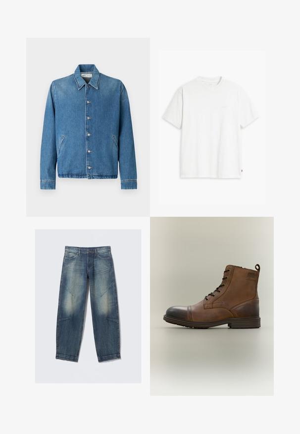 Lyseblå denimjakke med spids krave, knaplukning, sidelommer og lange ærmer med rene, kantede kanter.; Hvid t-shirt i bomuld med korte ærmer, rund halsudskæring og en diskret "Levi's"-logo trykt i lyse farver på forsiden.; Lyseblå denimjeans med løs pasform, med falmede pletter, frontlommer og diagonale sømdetaljer. Design med lige ben.; Brun læderstøvle med snørebånd, sort tåhætte, rund sål og mærket detalje på siden mod ensfarvet baggrund.