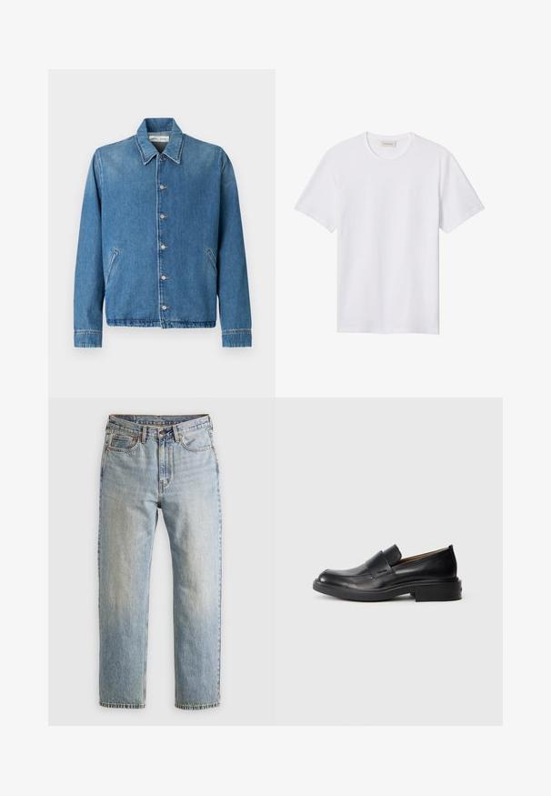 Lyseblå denimjakke med spids krave, knaplukning, sidelommer og lange ærmer med rene, kantede kanter.; Hvidt ensfarvet T-shirt med korte ærmer og rund hals, med lille præget logo på venstre bryst og mærke indeni kraven.; Lysblå denim jeans med høj talje, frontknap, lynlås og fem-lomme design, lagt fladt på en neutral baggrund.; Sorte læder slip-on dress sko med lav hæl og subtil Calvin Klein logo på siden, vist i profil på en hvid baggrund.