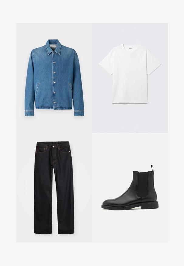 Lyseblå denimjakke med spids krave, knaplukning, sidelommer og lange ærmer med rene, kantede kanter.; Hvid kortærmet crewneck T-shirt lagt fladt ud, ensfarvet design, med "WEEKDAY" mærkat inde i kraven på en lys baggrund.; Mænds lige ben sorte denim jeans med fem lommer og orange syninger, knap- og lynlåslukning foran på taljen.; Sort læder ankelstøvle med glat overflade, elastiske sidepaneler og en trækstrop. Rund tå og flad gummisål med minimal mønster.