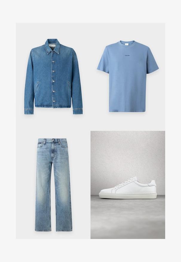Veste en jean bleu clair, avec un col pointu, des fermetures à boutons, des poches latérales et des manches longues aux bords soigneusement ourlés.; T-shirt en coton bleu clair avec des manches courtes, col rond et un logo "Calvin Klein" subtil en noir sur la poitrine. Texture lisse.; Jean droit en denim bleu clair avec taille haute, cinq poches, fermeture à boutons et léger délavage sur les cuisses et les genoux.; Sneaker blanche avec une tige en cuir lisse et un profil bas. Présente un bout arrondi, six œillets et une semelle en caoutchouc texturé.
