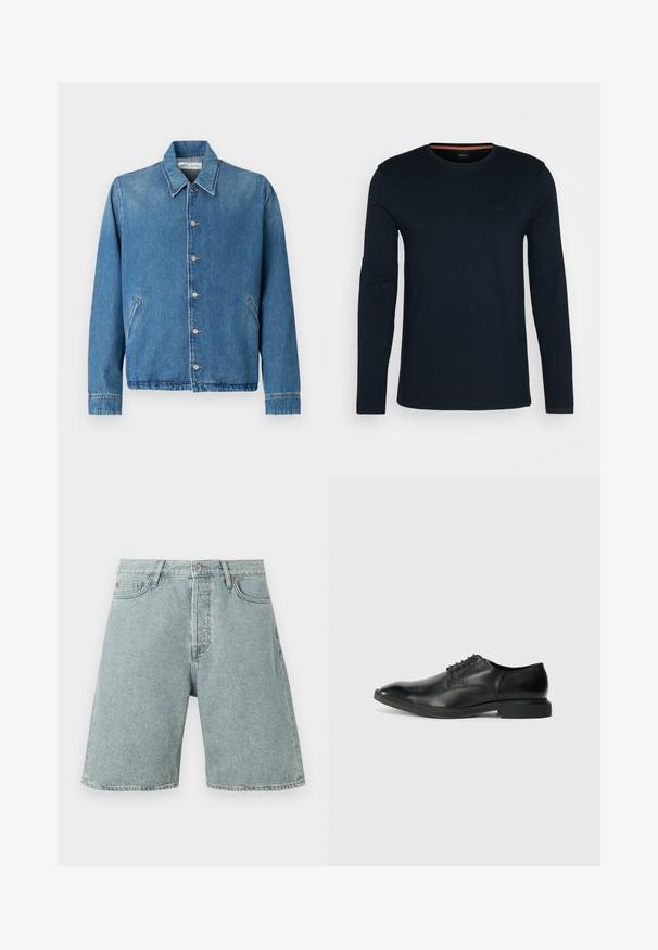 Jeansjacke in Hellblau mit spitzem Kragen, Knopfverschluss, Seitentaschen und langen Ärmeln mit sauberen, gesäumten Kanten.; Langärmliges navyblaues T-Shirt aus Baumwolle, mit rundem Halsausschnitt und einem kleinen Logo-Patch auf der Brust. Glatte Textur mit taillierter Form.; Hellblaue Jeans-Shorts mit lässiger Passform, fünf Taschen und Knopfverschluss. Abgeriebene Textur mit sichtbaren Nähten.; Schwarze Lederdressschuhe mit glatter Textur, spitzer Zehenform, sechs Ösen-Schnürdesign und niedrigem rechteckigem Absatz. Dezentes Branding-Detail an der Seite.