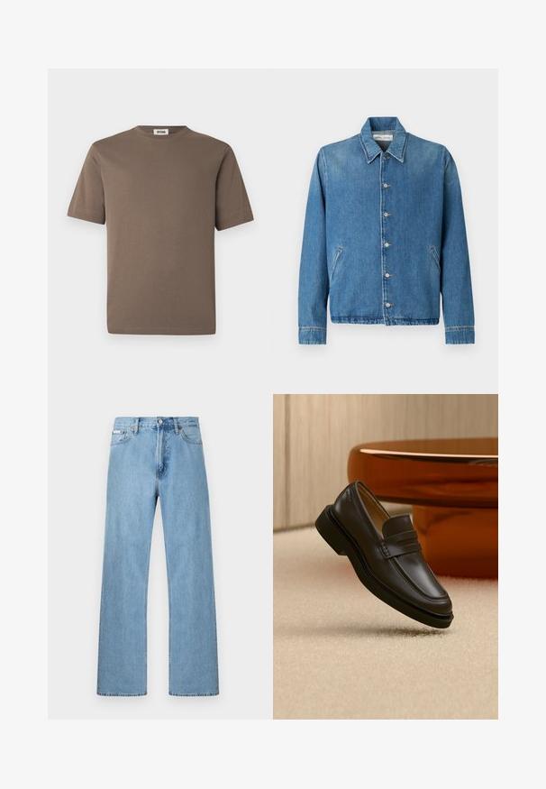 Veste en jean bleu clair, avec un col pointu, des fermetures à boutons, des poches latérales et des manches longues aux bords soigneusement ourlés.; T-shirt en coton marron à manches courtes, col rond et texture lisse. Présente un ourlet droit et un design minimaliste.; Jean en denim bleu clair coupe droite à cinq poches avec fermeture à boutons à la taille, présenté sur un fond uni.; Mocassin en cuir noir flottant au-dessus d'un tapis beige avec des meubles arrondis marron en arrière-plan.
