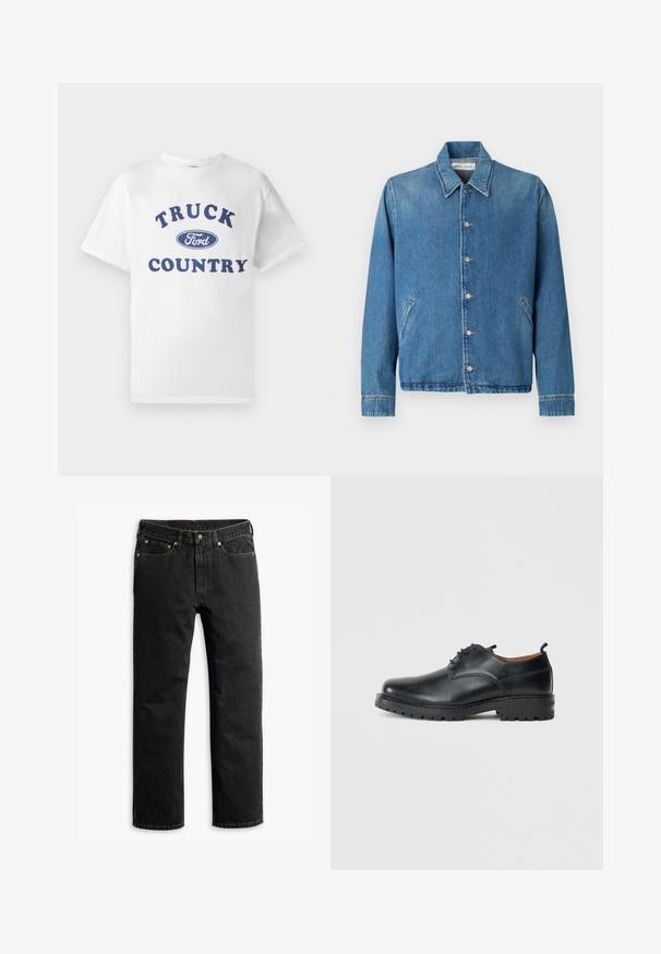 Spijkerjack in lichtblauw, met een puntige kraag, knoopsluitingen, zijzakken en lange mouwen met nette, omgezoomde randen.; Witte katoenen t-shirt met blauwe bedrukte tekst "TRUCK COUNTRY" en een blauw ovale "Ford" logo in het midden. Korte mouwen en ronde hals.; Zwarte rechte spijkerbroek met vijf zakken, riemlussen en een knoopsluiting in de taille, plat gelegd op een witte achtergrond.; Zwarte leren derby schoenen met een gladde textuur, ronde neus, vetersluiting en een dikke, robuuste rubberen zool.