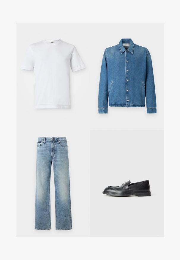 Spijkerjack in lichtblauw, met een puntige kraag, knoopsluitingen, zijzakken en lange mouwen met nette, omgezoomde randen.; Witte katoenen t-shirt met korte mouwen, ronde hals en een soepele textuur. Geen patronen of accenten zichtbaar.; Lichtblauwe denim jeans met rechte pijpen, een hoge taille, vijf zakken, knoopsluiting en subtiele vervaging op de dijen en knieën.; Zwarte leren loafers met een gestructureerde afwerking, voorzien van een decoratieve voorstrik en een afgeronde neus. Rubberzool voor duurzaamheid.