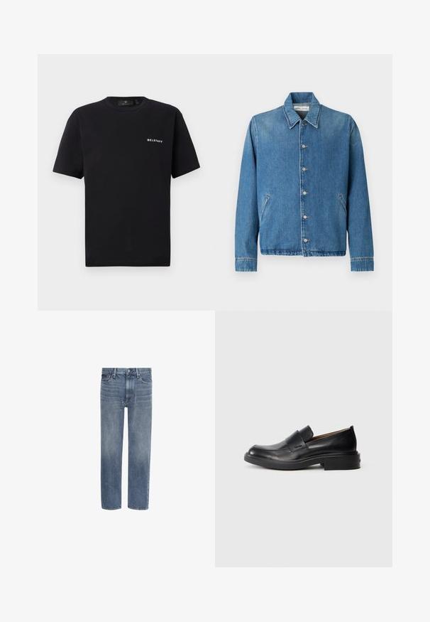 Jeansjacke in Hellblau mit spitzem Kragen, Knopfverschluss, Seitentaschen und langen Ärmeln mit sauberen, gesäumten Kanten.; Schwarzes Kurzarm-Crewneck-T-Shirt mit kleinem weißen "BELSTAFF"-Logo auf der linken Brust vor einem schlichten Hintergrund.; Gerade geschnittene blaue Denim-Jeans mit Vordertaschen, Gürtelschlaufen und Knopfverschluss.; Schwarze Leder-Pantoletten mit niedrigem Absatz und dezentem Calvin Klein-Logo an der Seite, im Profil vor einem weißen Hintergrund dargestellt.