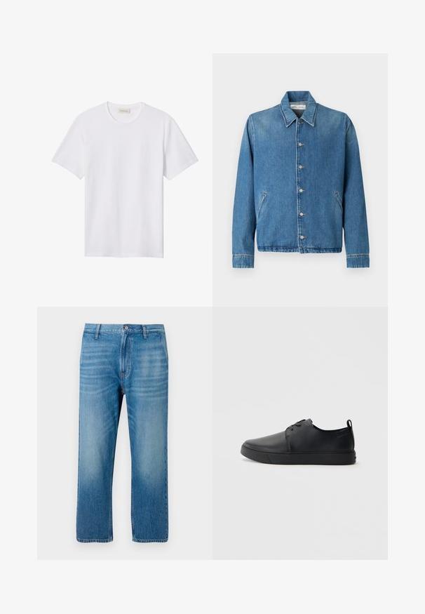 Lyseblå denimjakke med spids krave, knaplukning, sidelommer og lange ærmer med rene, kantede kanter.; Hvidt ensfarvet T-shirt med korte ærmer og rund hals, med lille præget logo på venstre bryst og mærke indeni kraven.; Lys blå denimbukser med lige pasform, fem lomme-design, knaplukning og subtil falmning på forsiden. Ingen synlige mønstre.; Sorte lædersneakers med en glat finish, rund tå, tonalt syning, snøring foran og en flad gummisål. Løkke ved hælen.