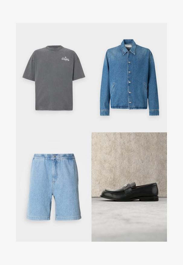Lyseblå denimjakke med spids krave, knaplukning, sidelommer og lange ærmer med rene, kantede kanter.; Mørkegrå T-shirt med korte ærmer og rund hals med lille hvid "ALLSAINTS"-logo på øverste venstre bryst.; Lys blå denimshorts med elastisk talje, knaplukning foran, sidelommer og lige skæring. Længde til midt på låret.; Sort læderloafer med metalbrandskilt hvilende nær et brunt rundt bord på beige tæppe.