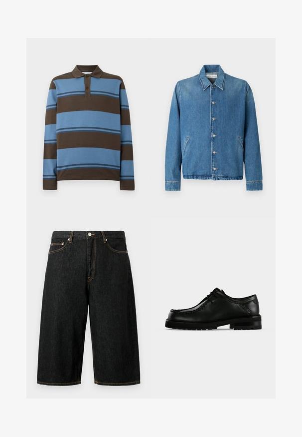 Veste en jean bleu clair, avec un col pointu, des fermetures à boutons, des poches latérales et des manches longues aux bords soigneusement ourlés.; Polo à manches longues, avec des rayures horizontales marron et bleu clair, doté d'une patte de boutonnage à trois boutons et d'un col côtelé.; Shorts en denim noir jusqu'au genou avec poches avant, passants pour ceinture, fermeture par bouton et surpiqûres contrastantes jaunes.; Chaussure en cuir noir à lacets avec semelle épaisse en caoutchouc et couture moc toe, vue de profil gauche sur fond clair uni.