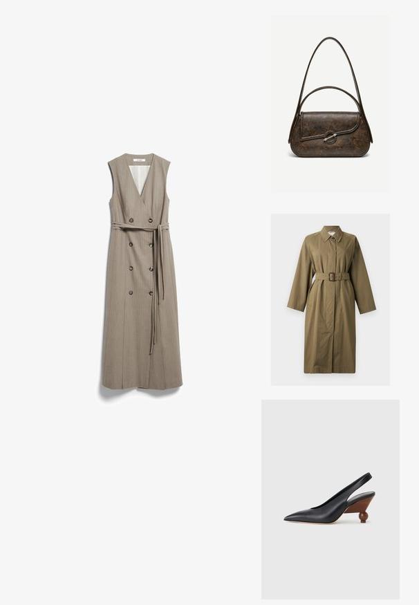 Trench-coat kaki à manches longues, col pointu, fermeture à boutons sur le devant, ceinture avec boucle à la taille, et poches latérales.; Robe midi beige sans manches avec col en V, boutons double boutonnage et ceinture assortie en tissu nouée à la taille.; Chaussure à bout pointu noire avec bride arrière, talon bloc arrondi en bois et dessus en cuir lisse sur fond gris clair.; Sac à main en cuir brun foncé texturé avec deux anses, forme rectangulaire arrondie, et fermeture à bouton circulaire argenté sur le rabat avant.