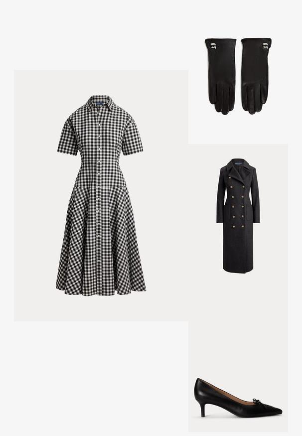 Abrigo largo de lana gris oscuro de doble botonadura con solapas anchas, seis botones dorados, mangas largas y bolsillos de parche delanteros.; Vestido de camisa de cuadros vichy blanco y negro con mangas cortas, cintura entallada, cierre de botones en la parte delantera y falda midi acampanada.; Zapato de tacón bajo tipo pump de cuero negro con puntera puntiaguda y pequeño lazo decorativo en la parte superior, mostrado de perfil sobre un fondo blanco.; Un par de guantes de cuero negro con pequeños pines de cara estilizados en blanco y negro cerca de las muñecas, dispuestos sobre un fondo blanco.
