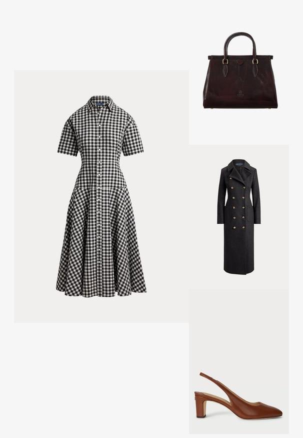 Lange donkergrijze double-breasted wollen jas met brede revers, zes gouden knopen, lange mouwen en steekzakken aan de voorkant.; Zwart-wit geruite gingham korte-mouwen overhemdjurk met een getailleerde taille, knoopsluiting vooraan en uitlopende midi-rok.; Bruine leren slingback schoen met een puntige neus, lage blokhak en open zijkanten, voorzien van een gladde textuur en minimalistisch design.; I Medici Firenze Handtas - dark brown