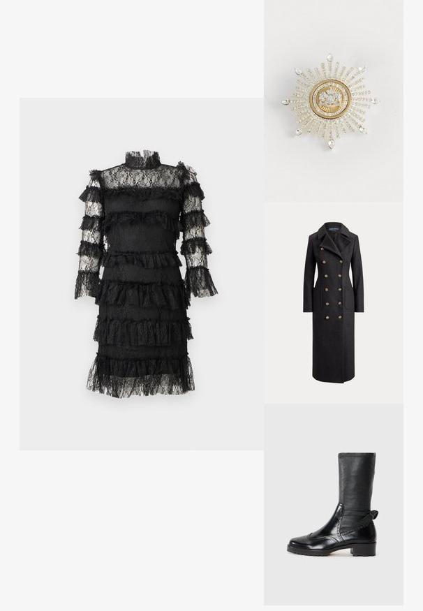 Abrigo largo de lana gris oscuro de doble botonadura con solapas anchas, seis botones dorados, mangas largas y bolsillos de parche delanteros.; Vestido negro de encaje hasta la rodilla con cuello alto, mangas largas transparentes y volantes en capas en el cuerpo y los brazos.; Botín negro con parte superior de cuero suave, detalles de brogue, puntera redondeada y tacón bloque de altura media. Presenta un eje suave y texturizado.; Broche de oro y plata con forma de estallido solar, que presenta una gema central transparente y filas radiantes de pequeños cristales claros, con acentos en forma de lágrima.